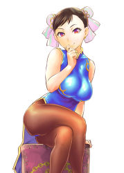 Rule 34 | 1girl, breasts, brown hair, bun cover, capcom, china dress, chinese clothes, chun-li, closed mouth, commentary request, double bun, dress, earrings, jewelry, crossed legs, looking at viewer, pantyhose, short hair, simple background, solo, street fighter, ueyama michirou, white background