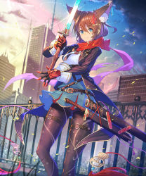 Rule 34 | 1girl, animal ears, blue eyes, breasts, brown hair, building, cloud, commentary request, detached sleeves, earrings, floral print, gloves, hair ornament, highres, holding, holding sword, holding weapon, jacket, jewelry, long sleeves, medium breasts, mole, mole under eye, necktie, night, night sky, open clothes, original, outdoors, pantyhose, petals, scarf, sheath, sheathed, short hair, skirt, sky, sunset, sword, takamine nadare, thighband pantyhose, weapon