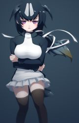 Rule 34 | 1girl, 9735aoitora, bird girl, bird tail, black hair, black sweater, blush, breast suppress, breasts, commentary request, empty eyes, great auk (kemono friends), hair between eyes, hair ornament, hair tie, hands on own chest, highres, kemono friends, long hair, long sleeves, looking at viewer, miniskirt, multicolored hair, open mouth, pleated skirt, purple eyes, simple background, skirt, solo, spotted hair, sweater, tail, thighhighs, two-tone hair, two-tone sweater, white hair, white sweater