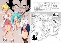 Rule 34 | 2girls, bikini (dragon ball), blonde hair, blue eyes, blush, breasts, bulma, cleavage, closed eyes, clothes lift, clothes pull, cowgirl position, cunnilingus, dragon ball, dragonball z, dress, dress lift, earrings, english text, feet, girl on top, green hair, happy, highres, jewelry, knees together feet apart, large breasts, legs, lifted by self, mature female, medium hair, monochrome, mother and daughter, multiple girls, navel, nipples, nude, open mouth, oral, panchy, panties, pantyhose, pantyhose pull, pink mousse, pulled by self, sandals, sex, simple background, sitting, sitting on face, sitting on person, skirt, skirt lift, smile, speech bubble, standing, straddling, thighs, toes, underwear, vaginal, vegeta