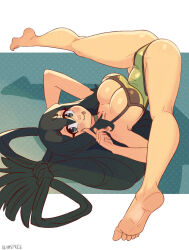 Rule 34 | 1girl, artist name, ass, asui tsuyu, barefoot, black hair, blush, boku no hero academia, breasts, cleavage, closed mouth, feet, female focus, finger to cheek, green one-piece swimsuit, hair rings, highres, klimspree, kneepits, large breasts, legs, long hair, looking at viewer, lying, on back, one-piece swimsuit, raised eyebrows, smile, soles, solo, spread legs, swimsuit, thighs, toes, tongue, tongue out, upside-down, wide spread legs