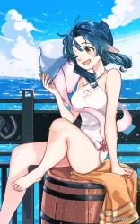 Rule 34 | 1girl, animal, animal ears, aquaplus, atuy, bare arms, bare legs, bare shoulders, barrel, bird, blue eyes, blue sky, blush, breasts, cleavage, closed eye, cloud, cloudy sky, eyebrows, feet, full body, highres, jellyfish, keisin, knee up, kurarin (utawarerumono), large breasts, looking at another, looking to the side, open mouth, orange eyes, outdoors, seagull, sitting, sky, thick thighs, thighs, utawarerumono, utawarerumono: itsuwari no kamen, utawarerumono: lost flag, water