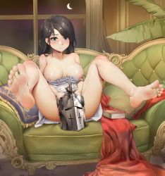 Rule 34 | 1girl, absurdres, bare legs, barefoot, blue eyes, blush, breasts, brown hair, closed mouth, clothes pull, couch, crescent moon, feet, foot focus, full body, helmet, highres, indoors, large breasts, legs up, long hair, looking away, moon, nipples, on couch, ray (pixiv9514208), shirt, shirt pull, soles, solo, spread legs, toes, unworn headwear, unworn helmet, warship girls r, white shirt, window