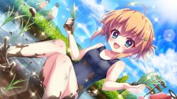 Rule 34 | 1boy, 2girls, :d, ahoge, blue eyes, blue sky, breasts, cloud, collarbone, day, dirty, dot nose, dutch angle, fallen down, film grain, game cg, grass, hair ornament, hairclip, holding, holding plant, izumi tsubasu, lens flare, looking at viewer, mud, multiple girls, non-circular lens flare, non-web source, official art, open mouth, orange hair, outdoors, plant, re:stage!, rice planting, school swimsuit, shikimiya mana, short hair, sidelocks, sky, small breasts, smile, solo focus, sparkle, steering wheel, sun, swimsuit, tractor, tree