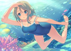 Rule 34 | 10s, 1girl, arm up, barefoot, blue eyes, blue one-piece swimsuit, blush, breasts, brown hair, cleavage, collarbone, competition school swimsuit, competition swimsuit, fish, freediving, highres, holding breath, kame^^, legs, love live!, love live! school idol project, love live! sunshine!!, one-piece swimsuit, open mouth, school swimsuit, short hair, solo, strap slip, swimming, swimsuit, thighs, underwater, watanabe you, water