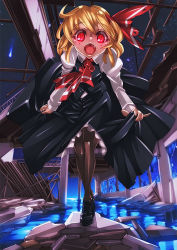 Rule 34 | 1girl, ascot, black pantyhose, blonde hair, blood, blood on face, dress, fangs, female focus, hair ribbon, looking at viewer, mk-5, open mouth, pantyhose, red eyes, ribbon, rumia, solo, standing, tongue, touhou