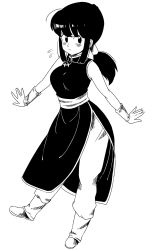 Rule 34 | 1girl, annoyed, black eyes, black hair, chi-chi (dragon ball), chinese clothes, dragon ball, dragon ball (classic), eyelashes, frown, full body, greyscale, highres, looking at viewer, looking away, maa (roninnn), monochrome, ponytail, simple background, sleeveless, solo, standing, standing on object, standing on one leg, sweatdrop, white background, wristband