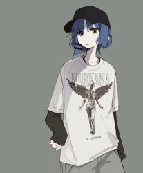 Rule 34 | 1girl, absurdres, baseball cap, black hat, black shirt, blue hair, bocchi the rock!, collarbone, grey background, grey leotard, hat, highres, leotard, long sleeves, looking at viewer, machuuu68, nirvana (band), open mouth, oversized clothes, oversized shirt, shirt, short hair, simple background, solo, white shirt, yamada ryo, yellow eyes