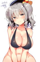 Rule 34 | 1girl, 2016, bare shoulders, beret, bikini, bikini top only, black bikini, blue headwear, blush, bottomless, breasts, cleavage, closed mouth, collarbone, covered erect nipples, dated, grey eyes, groin, hair between eyes, hat, head tilt, ichihaya, kantai collection, kashima (kancolle), large breasts, navel, out-of-frame censoring, shiny skin, signature, silver hair, simple background, swimsuit, v arms, white background, wide hips