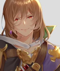 Rule 34 | 1boy, blouse, brown hair, ear piercing, granblue fantasy, grey background, jewelry, lamorak (granblue fantasy), long bangs, long hair, male focus, piercing, red eyes, satoimo sanda, shirt, smile, solo, white shirt