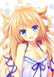 Rule 34 | 1girl, animal ears, bare shoulders, blonde hair, blue eyes, blue ribbon, blush, braid, breasts, cleavage, collarbone, dress, eyebrows, fang, frills, halterneck, head tilt, long hair, looking at viewer, open mouth, original, ribbon, smile, solo, tamiya akito, upper body, white dress
