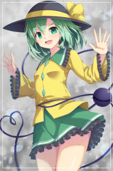 Rule 34 | 1girl, :d, black hat, bow, collared shirt, commentary request, dress shirt, fang, frilled shirt collar, frilled skirt, frilled sleeves, frills, green eyes, green hair, green skirt, hair between eyes, hands up, hat, hat bow, heart, heart of string, highres, komeiji koishi, long sleeves, looking at viewer, open mouth, shirt, skirt, smile, solo, standing, third eye, touhou, uumaru, v-shaped eyebrows, wide sleeves, yellow bow, yellow shirt