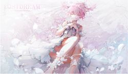 Rule 34 | 1girl, alternate costume, bai qi-qsr, character name, closed eyes, covered mouth, english text, flower, flower over mouth, highres, kaname madoka, knees together feet apart, mahou shoujo madoka magica, mahou shoujo madoka magica (anime), own hands clasped, own hands together, pink hair, pink theme, solo, tagme, twintails, white theme