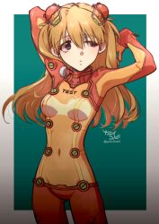 Rule 34 | 1girl, :&lt;, arms up, blue eyes, bodysuit, breasts, brown hair, evangelion: 2.0 you can (not) advance, floating hair, hair ornament, highres, long hair, long sleeves, neon genesis evangelion, plugsuit, rebuild of evangelion, red bodysuit, see-through, see-through bodysuit, shiny clothes, simple background, solo, souryuu asuka langley, standing, test plugsuit, two side up, very long hair, wide hips, yubi kamii