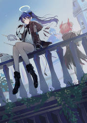 Rule 34 | 2girls, :t, absurdres, animal ears, arknights, bird ears, black footwear, black jacket, black skirt, blue eyes, blue hair, book, boots, demon horns, demon tail, detached wings, doughnut, dutch angle, energy wings, evening, facing away, fence, fiammetta (arknights), food, fur-trimmed hood, fur trim, gloves, halo, highres, holding, holding book, holding food, hood, hood down, hooded jacket, horns, jacket, looking at viewer, mostima (arknights), multiple girls, natsuba002, open book, open clothes, open jacket, outdoors, reading, red hair, sitting, skirt, staff, tail, white gloves, wind, wings