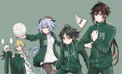 Rule 34 | 2boys, 3girls, ahoge, ball, black hair, blonde hair, blue hair, brown hair, china tracksuit, closed mouth, commentary request, earrings, flower, ganyu (genshin impact), genshin impact, green jacket, green pants, hair flower, hair ornament, halo, holding, holding ball, horns, jacket, jewelry, long hair, looking at another, lumine (genshin impact), meme attire, miwawa, multiple boys, multiple girls, open clothes, open jacket, open mouth, orange eyes, paimon (genshin impact), pants, shirt, sweat, tassel, tassel earrings, track jacket, very long hair, volleyball, volleyball (object), white flower, white hair, white shirt, xiao (genshin impact), yellow eyes, zhongli (genshin impact), zipper, zipper pull tab