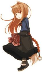 Rule 34 | animal ear fluff, arms behind back, ayakura juu, black footwear, black skirt, brown hair, floating hair, full body, fur trim, holo, long hair, long skirt, looking at viewer, lowres, non-web source, novel illustration, official art, open mouth, pants, pouch, red eyes, simple background, skirt, solo, spice and wolf, standing, tail, very long hair, white background, wolf, wolf tail