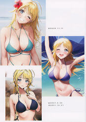 Rule 34 | 1girl, absurdres, ame (uten cancel), arms up, bare shoulders, bikini, bikini top only, blonde hair, blue eyes, blush, breasts, cleavage, dated, flower, hachimiya meguru, hair flower, hair ornament, hairclip, head tilt, hibiscus, highres, holding, idolmaster, idolmaster shiny colors, large breasts, long hair, looking at viewer, medium breasts, multiple views, navel, one eye closed, open mouth, parted lips, scan, shiny skin, side-tie bikini bottom, simple background, smile, stomach, swimsuit, thighs, upper body
