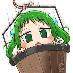 Rule 34 | 1girl, profile picture, bucket, chamaji, commentary, falling, green hair, hair bobbles, hair ornament, in bucket, in container, kisume, looking at viewer, lowres, open mouth, rope, short hair, signature, solo, speed lines, touhou, white background, wooden bucket