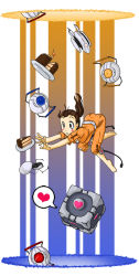 Rule 34 | 1girl, aperture science handheld portal device, barefoot, cake, chell, cube, falling, food, glados, heart, jesse mcgibney, meme, pastry, personality core, ponytail, portal (object), portal (series), portal 1, sleeves rolled up, spoilers, the cake is a lie (meme), sentry turret (portal), valve, aperture science weighted companion cube