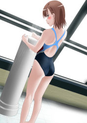 Rule 34 | 1girl, ass, blush, brown eyes, brown hair, competition swimsuit, feet out of frame, highres, indoors, kneepits, looking back, matching hair/eyes, misaka mikoto, one-piece swimsuit, poolside, rei no pool, school swimsuit, showering, solo, sooma (t000), standing, swimsuit, toaru kagaku no railgun, toaru majutsu no index, tokiwadai school swimsuit, window