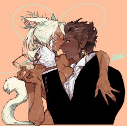 Rule 34 | 10s, 1boy, 1girl, animal ears, arched back, arm around neck, artist name, blush, breast press, breasts, brown hair, cat ears, cat tail, clothed male nude female, dark skin, dark-skinned male, earrings, ears down, elezen, elf, closed eyes, unworn eyewear, final fantasy, final fantasy xiv, fingernails, flower, formal, glasses, gloves, hand on another&#039;s neck, hetero, highres, jewelry, large breasts, long fingernails, long hair, miqo&#039;te, nude, pigeon666, pointy ears, profile, scar, short hair, suit, tail, twintails, white hair