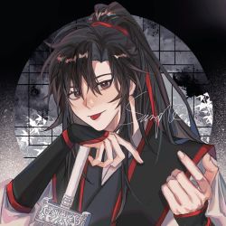 Rule 34 | 1boy, beckoning, black hair, black robe, brown eyes, chinese clothes, chinese commentary, commentary request, hair ribbon, hanfu, head rest, highres, long hair, looking at viewer, male focus, modao zushi, ponytail, red ribbon, ribbon, robe, siiideee, solo, tongue, tongue out, wei wuxian