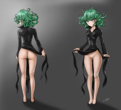 Rule 34 | 1girl, abstract background, absurdres, ass, bare legs, black dress, black footwear, blush, bottomless, breasts, cleft of venus, clothes lift, curly hair, dress, dress lift, green eyes, green hair, grey background, highres, looking at viewer, looking back, luizhtx, no panties, one-punch man, pussy, signature, small breasts, solo, tatsumaki