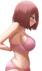 Rule 34 | 1girl, absurdres, adjusting bra, adjusting clothes, arm behind back, bare shoulders, blush, bra, breasts, brown hair, closed mouth, collarbone, commentary, from side, highres, hoshino miyako (wataten), large breasts, light frown, looking down, looking to the side, nose blush, panties, pink bra, pink panties, poa mellhen, profile, raised eyebrow, simple background, skindentation, solo, sweat, underwear, underwear only, watashi ni tenshi ga maiorita!, white background