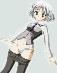 Rule 34 | 00s, 1girl, bad id, bad pixiv id, black pantyhose, blush, c plus, clothes pull, crotch seam, green eyes, midriff, panties, pantyhose, pantyhose pull, sanya v. litvyak, shii plus, short hair, side-tie panties, silver hair, solo, strike witches, underwear, uniform, world witches series