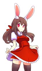 Rule 34 | 1girl, animal ears, black thighhighs, brown hair, dress, fizintine, highres, long hair, original, rabbit ears, rabbit tail, red eyes, smile, solo, tail, thighhighs, white background