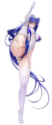 Rule 34 | 1girl, angry, blue hair, blush, breasts, covered navel, from below, full body, hair censor, highleg, highleg swimsuit, highres, inguinal groove, large breasts, long hair, looking at viewer, nekometaru, one-piece swimsuit, original, ponytail, pussy, shrug (clothing), solo, split, spread pussy, spread pussy under clothes, standing, standing on one leg, standing split, sweatdrop, swimsuit, teeth, thighhighs, tiptoes, very long hair, white background, white one-piece swimsuit, white thighhighs, yellow eyes