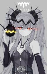 Rule 34 | 1girl, aircraft carrier princess, bare shoulders, belt, breasts, character name, closed mouth, detached sleeves, dot nose, eye focus, glowing, glowing eyes, grey background, hand up, holding, kantai collection, long hair, long sleeves, looking at viewer, luicent, medium breasts, o-ring, o-ring top, red eyes, simple background, solo, spot color, twintails, upper body