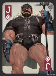 Rule 34 | 1boy, abs, around crotch, axe, bag, bara, battle axe, beard, belt, black eyes, black hair, blue headband, bracer, bulge, card, covered abs, diamond (shape), eyepatch, facial hair, fake horns, from below, frown, gloves, headband, horned headwear, horns, jack (playing card), large pectorals, looking at viewer, male focus, mature male, muscular, muscular male, nipples, original, pectorals, planted, revision, shirt, short hair, shorts, solo, strongman waist, t-shirt, thick arms, thick eyebrows, thick mustache, thick thighs, thighs, tight clothes, tight shirt, tooboshoo, weapon