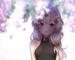 Rule 34 | 1girl, animal ears, bad id, bad pixiv id, bare shoulders, black shirt, blurry, blurry foreground, breasts, collarbone, commentary request, copyright request, covered collarbone, depth of field, flower, goyain, hair between eyes, hair ornament, highres, long hair, looking at viewer, medium breasts, parted lips, purple flower, rabbit ears, red eyes, shirt, silver hair, sleeveless, sleeveless shirt, solo, upper body, white background, wisteria