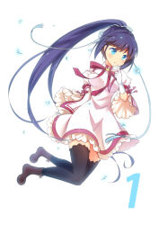 Rule 34 | 1girl, black hair, black thighhighs, blue eyes, blue ribbon, blush, boots, breasts, brown footwear, chinese commentary, commentary request, countdown illustration, dress, expressionless, finger to mouth, floating hair, frilled dress, frilled sleeves, frilled thighhighs, frills, gloves, hair between eyes, hair ribbon, hand up, highres, index finger raised, juliet sleeves, kazamatsuri institute high school uniform, knees together feet apart, konohana lucia, large breasts, lliissaawwuu2, long hair, long sleeves, looking afar, midair, parted lips, pink dress, ponytail, puffy sleeves, red ribbon, rewrite, ribbon, school uniform, simple background, solo, thighhighs, tying footwear, very long hair, white background, white gloves, wide sleeves, zettai ryouiki