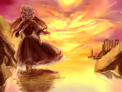Rule 34 | 1girl, absurdres, forte, highres, orange sky, remilia scarlet, ruins, sky, solo, sunset, touhou, wading, water, wings
