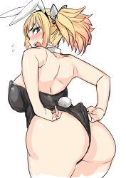 Rule 34 | 1girl, absurdres, animal ears, ass, ass focus, back, black leotard, blonde hair, blush, bow, breasts, brown eyes, colored tips, cowboy shot, fake animal ears, from behind, hair bow, hairband, highleg, highleg leotard, highres, krjenl, large breasts, leotard, looking at viewer, multicolored hair, nose blush, original, playboy bunny, ponytail, rabbit ears, simple background, solo, strapless, strapless leotard, wedgie, white background
