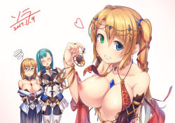 Rule 34 | 3girls, ^ ^, annoyed, aqua hair, armlet, armor, asymmetrical bangs, bangle, bare shoulders, belt, between breasts, black bodysuit, blonde hair, blue eyes, blue skirt, blush, bodysuit, bracelet, breasts, brown belt, circlet, cleavage, closed eyes, closed mouth, collarbone, commentary request, covered navel, dated, detached collar, earrings, fingernails, furrowed brow, gem, glasses, green eyes, grin, hair between eyes, hair ribbon, hairband, head tilt, heart, heterochromia, holding, jewelry, large breasts, liesesophis h saintgrand, long hair, long sleeves, looking at another, looking at viewer, luupechi, medium breasts, multiple girls, nipples, nose blush, off-shoulder shirt, off shoulder, open mouth, original, parted bangs, pasties, pauldrons, red ribbon, revealing clothes, ribbon, ring, see-through, shawl, shirt, shoulder armor, siblings, signature, simple background, sisters, skirt, smile, squiggle, standing, tassel, twins, twintails, underbust, wavy mouth, white background, white hairband, white shirt, white skirt, yuki (luupechi), yuri (luupechi)