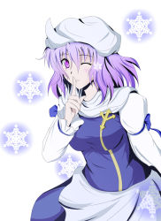 Rule 34 | 1girl, breasts, female focus, finger to mouth, fuoco, hat, large breasts, letty whiterock, purple eyes, purple hair, short hair, snowflakes, solo, touhou, white background, wink