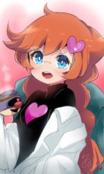 Rule 34 | 1girl, :d, blue eyes, braid, bright pupils, commentary request, cowlick, cup, dr. crygor, glasses, hair ornament, heart, heart hair ornament, herunia kokuoji, holding, holding cup, lab coat, long hair, long sleeves, looking at viewer, nintendo, open mouth, orange hair, penny crygor, signature, smile, solo, twin braids, upper body, warioware, white pupils