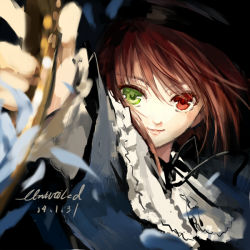 Rule 34 | 1girl, bad id, bad pixiv id, brown hair, dated, fancybetty, green eyes, hat, heterochromia, looking at viewer, neck ribbon, outstretched arm, red eyes, ribbon, rozen maiden, sketch, solo, souseiseki