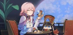 Rule 34 | 1girl, 1other, ^^^, ^ ^, absurdres, arm on table, black choker, blue eyes, blue jacket, buttons, choker, closed eyes, earrings, eating, flower ornament, food, food bite, hair between eyes, hand up, hat, highres, holding, holding food, honkai: star rail, honkai (series), jacket, jewelry, long sleeves, march 7th (honkai: star rail), medium hair, on chair, peaked cap, pink hair, planet, plant, pom-pom (honkai: star rail), potted plant, round table, shirt, single earring, sitting, space, sweatdrop, table, tree, tuiqiao961103, white shirt