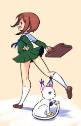 Rule 34 | 2girls, animal, blue eyes, blue neckerchief, blush, briefcase, brown footwear, brown hair, cat, digimon, digimon adventure, drantyno, green shirt, green skirt, highres, holding, holy ring, jewelry, long sleeves, looking at viewer, looking back, multiple girls, neckerchief, open mouth, pink eyes, ring, school uniform, shirt, shoes, short hair, skirt, smile, socks, standing, standing on one leg, tail, tail ornament, tail ring, tailmon, white fur, white socks, yagami hikari