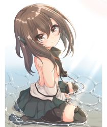 Rule 34 | 1girl, bare shoulders, bike shorts, black thighhighs, breasts, brown eyes, brown hair, from side, green skirt, hair between eyes, headgear, kantai collection, kasashi (kasasi008), looking at viewer, no shoes, pleated skirt, seiza, shorts, shorts under skirt, sitting, skirt, small breasts, smile, solo, taihou (kancolle), thighhighs, topless, torn clothes