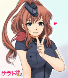 Rule 34 | 1girl, ?, black dress, blue eyes, breast pocket, breasts, brown hair, character name, dress, index finger raised, kantai collection, large breasts, long hair, pocket, ponytail, saratoga (kancolle), saratoga mk ii (kancolle), side ponytail, simple background, smile, solo, upper body, white background, yamasuke mk2