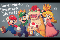 Rule 34 | 1girl, 4boys, :d, adjusting clothes, adjusting headwear, anniversary, arm up, armlet, arms up, blonde hair, blue eyes, blue gemstone, blue overalls, blue pants, blue vest, blush, blush stickers, bowser, bracelet, brothers, brown footwear, brown hair, claws, clenched hands, collar, commentary request, copyright name, crown, dress, earrings, elbow gloves, eyelashes, facial hair, gem, gloves, green headwear, green shirt, grey background, hat, highres, hiyashimeso, horns, jewelry, jumping, letterboxed, long hair, long sleeves, looking at viewer, luigi, mario, mario (series), multiple boys, mustache, nintendo, open clothes, open mouth, open vest, overalls, pants, pink dress, princess peach, puffy short sleeves, puffy sleeves, red eyes, red gemstone, red hair, red headwear, red shirt, red toad (mario), running, sharp teeth, shirt, shoes, short hair, short sleeves, siblings, sidelocks, simple background, smile, sphere earrings, spiked armlet, spiked bracelet, spiked collar, spiked shell, spikes, star (symbol), teeth, toad (mario), turtle shell, upper teeth only, v-shaped eyebrows, vest, walking, white gloves