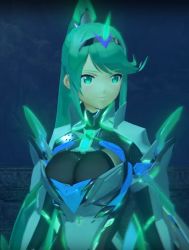 Rule 34 | 1girl, 3d, breasts, cleavage, female focus, game screenshot, green eyes, green hair, large breasts, long hair, matching hair/eyes, nintendo, pneuma (xenoblade), ponytail, smile, solo, xenoblade chronicles (series), xenoblade chronicles 2