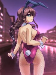 Rule 34 | 1girl, akito (sub707), alternate costume, animal ears, ass, braid, breasts, brown hair, detached collar, fake animal ears, fake tail, fishnet pantyhose, fishnets, green eyes, highres, kantai collection, large breasts, leotard, noshiro (kancolle), pantyhose, playboy bunny, purple leotard, rabbit ears, rabbit tail, solo, strapless, strapless leotard, swept bangs, tail, twin braids, wrist cuffs