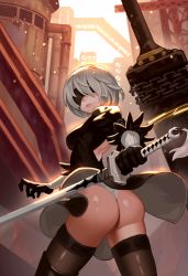 Rule 34 | 1girl, ass, back, back cutout, backless dress, backless outfit, bad id, bad pixiv id, black dress, black gloves, black hairband, black ribbon, black thighhighs, blindfold, boots, breasts, broadsword, chain, closed mouth, clothing cutout, cowboy shot, dress, from behind, gloves, greatsword, hairband, highleg, highleg leotard, highres, holding, holding sword, holding weapon, huge weapon, juliet sleeves, katana, legs apart, leotard, lim jaejin, lips, long sleeves, looking at viewer, looking back, medium breasts, mole, mole under mouth, nier (series), nier:automata, outdoors, pink lips, puffy sleeves, ribbed dress, ribbon, short dress, short hair, side slit, silver hair, small breasts, solo, standing, sword, tassel, thighhighs, thighhighs under boots, thong, thong leotard, turtleneck, vambraces, weapon, weapon on back, white leotard, wind, wind lift, 2b (nier:automata)